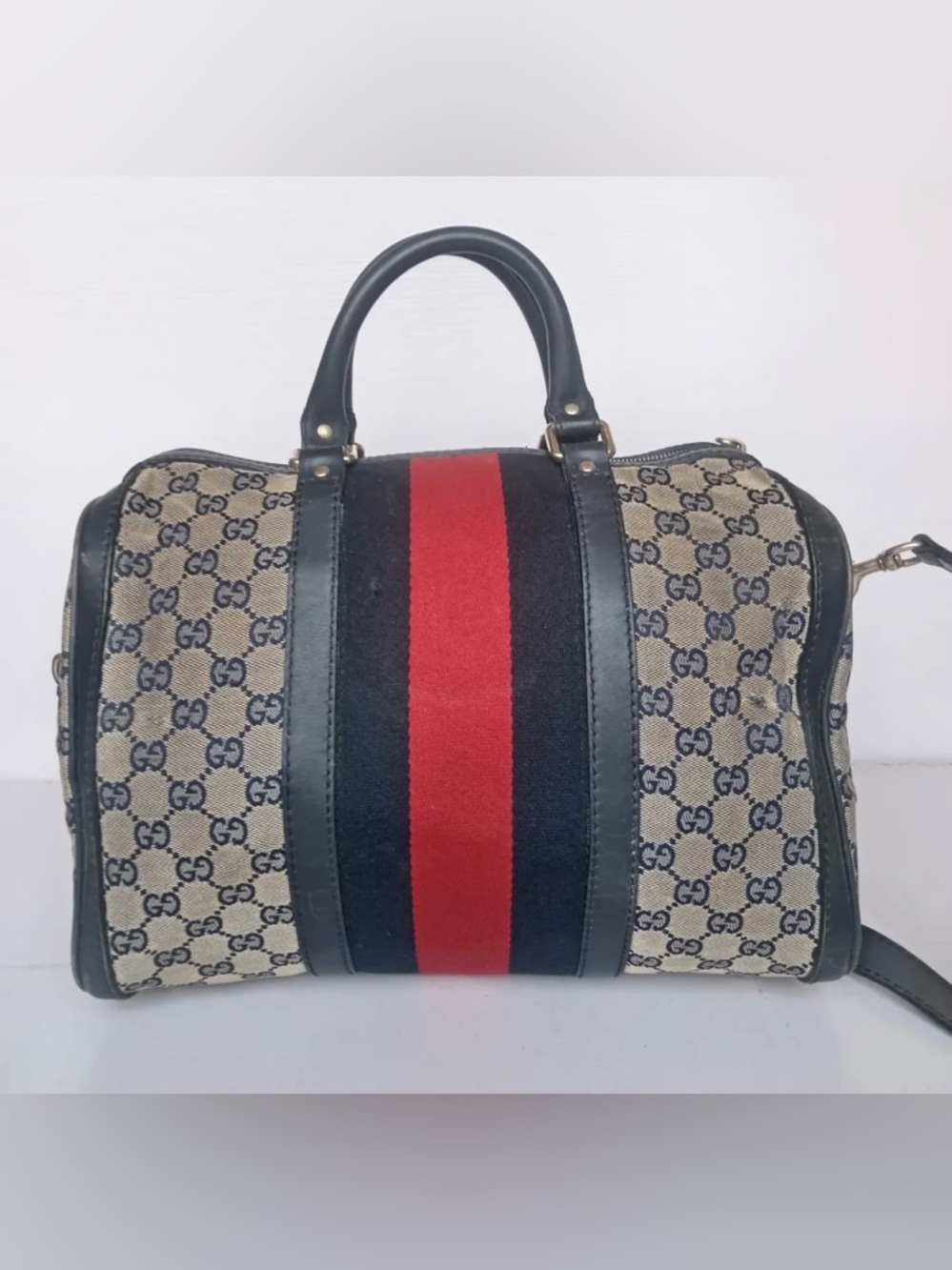 Gucci Beige Monogram Boston Bag with Red and Black Center Stripe